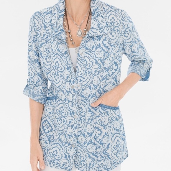 Chicos Jacket Womens 2 Large Snap Buttons Pockets Floral Blue White Lyocell - Picture 1 of 6